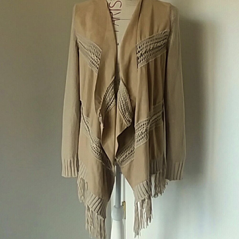 INC Sweater cardigan open knit fringe Tan tassel